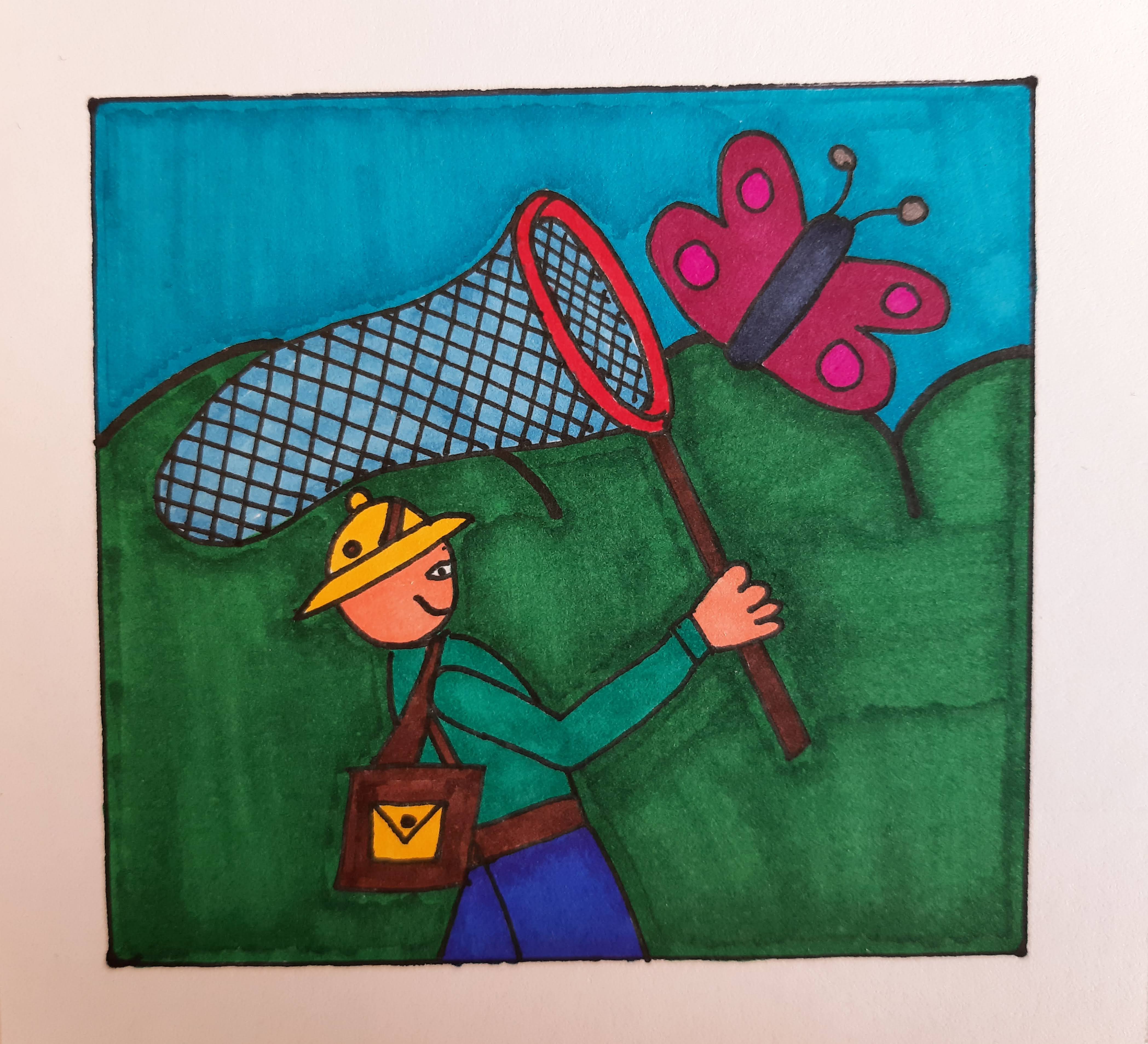 drawing of an entomologist capturing a butterfly with a net