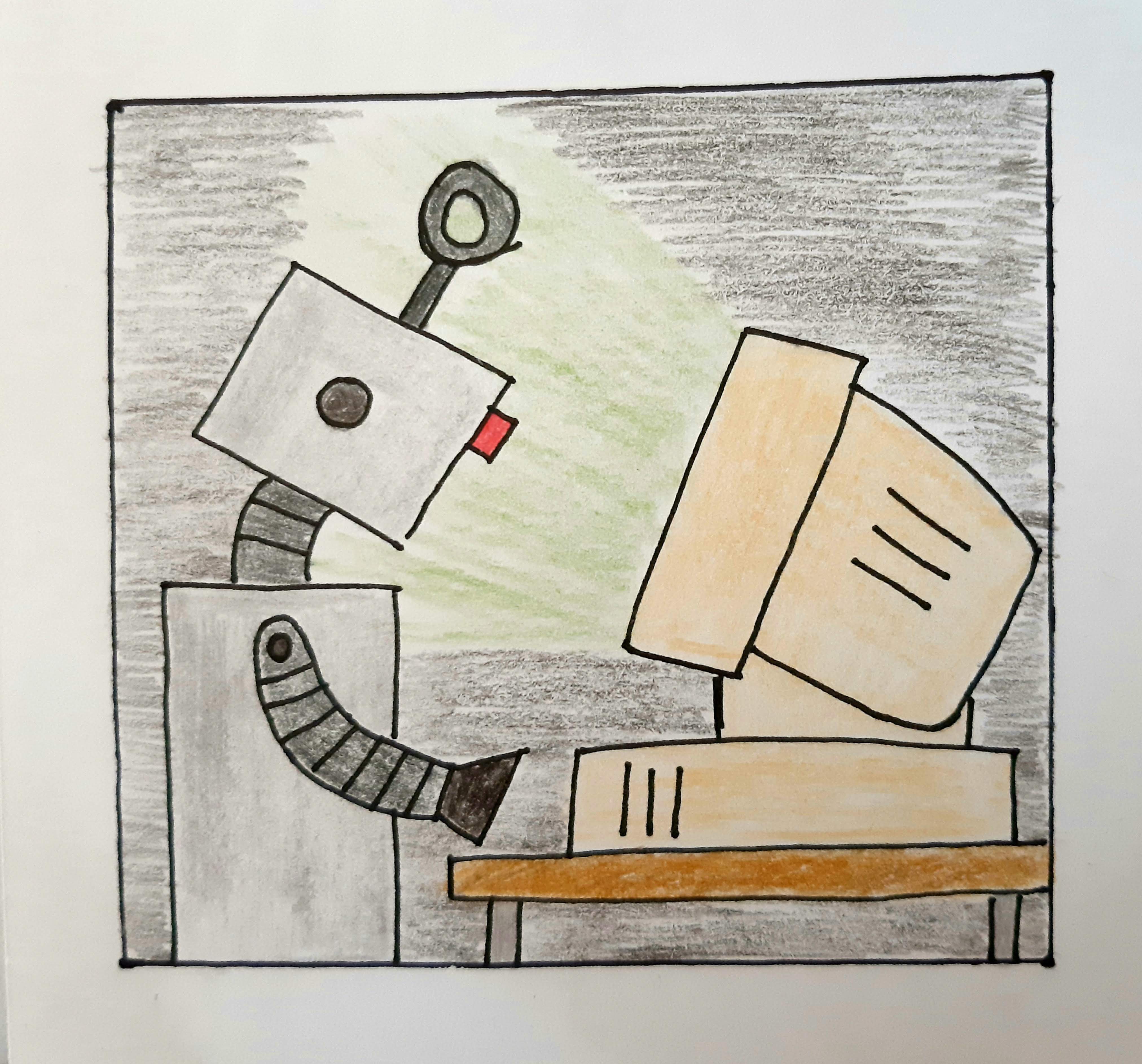 drawing of a robot behind a computer