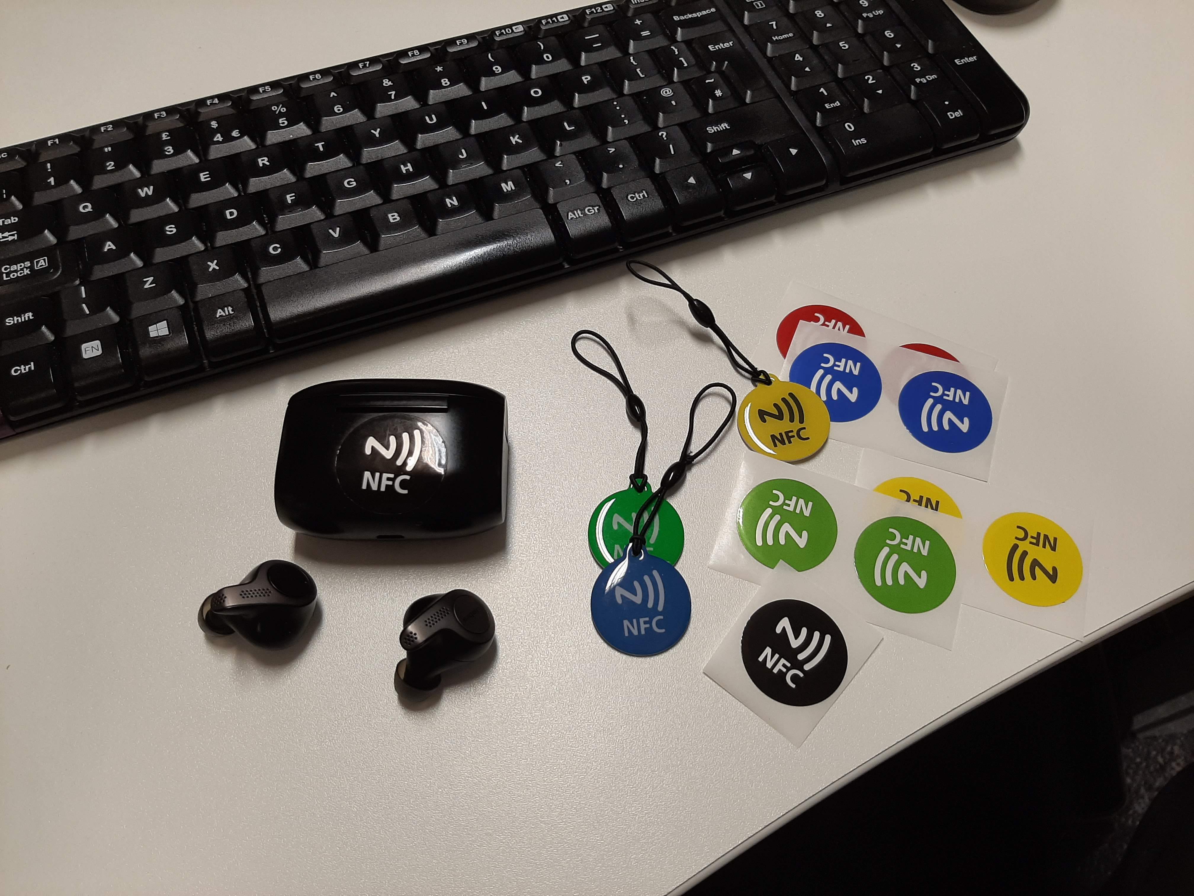 desk with various nfc tags